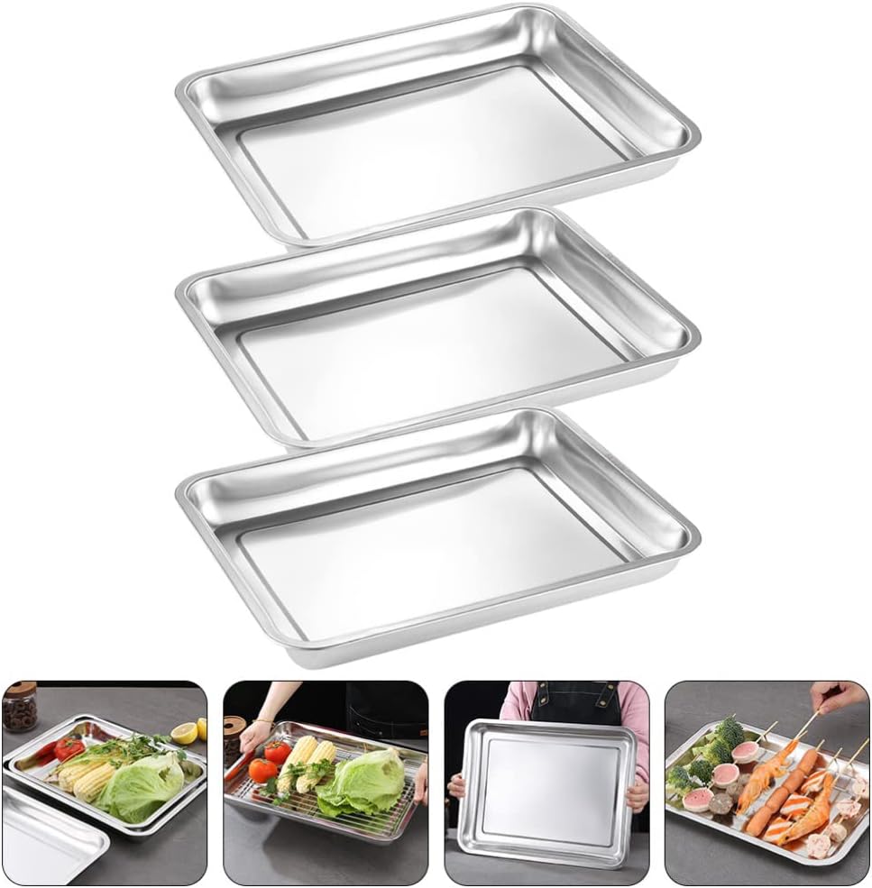 Yardwe 3pcs Stainless Steel Baking Tray Rectangular Food Serving Plates for Home Kitchen Outdoor and Bbq Use Design for Elegant Serving and Storage