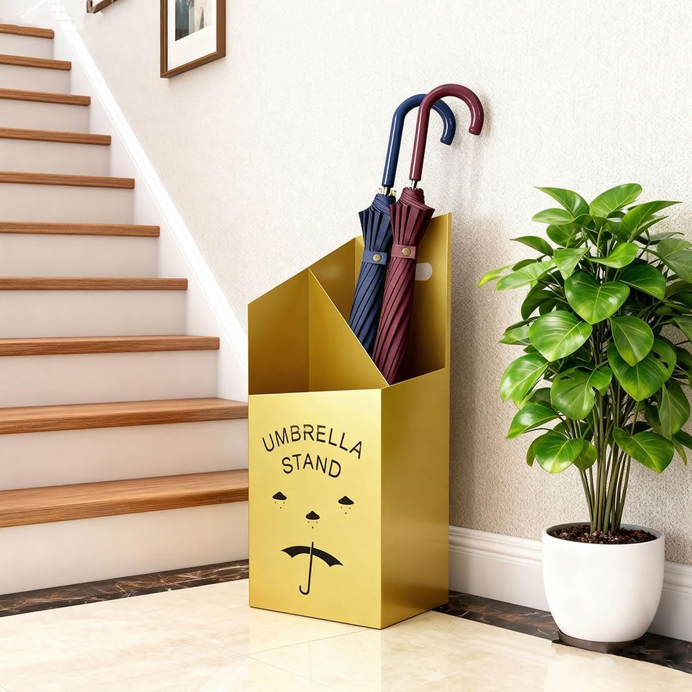 9.84" D x 7.87" W x 23.62" H Detachable Base Umbrella Stand - Elegant Raindrop Design, Water Collection Tray, Gold/Black Finish, Durable Home & Office Organizer