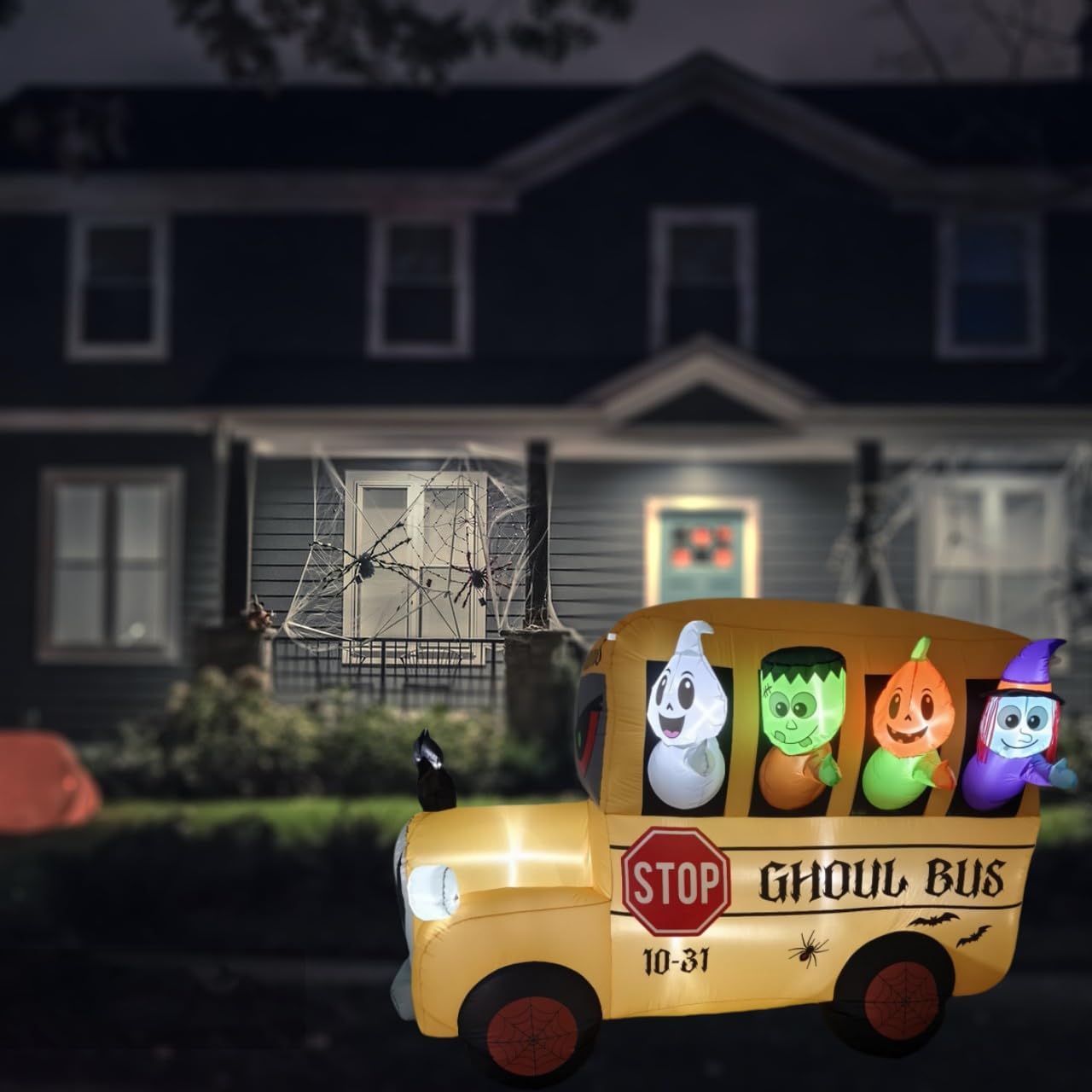8FT Halloween Inflatable Ghoul Bus with LED Lights - Giant Haunted School Bus Yard Decoration for Outdoor Halloween Party, Haunted House, Trick or Treat Decor (Ghost, Pumpkin, Witch Design)