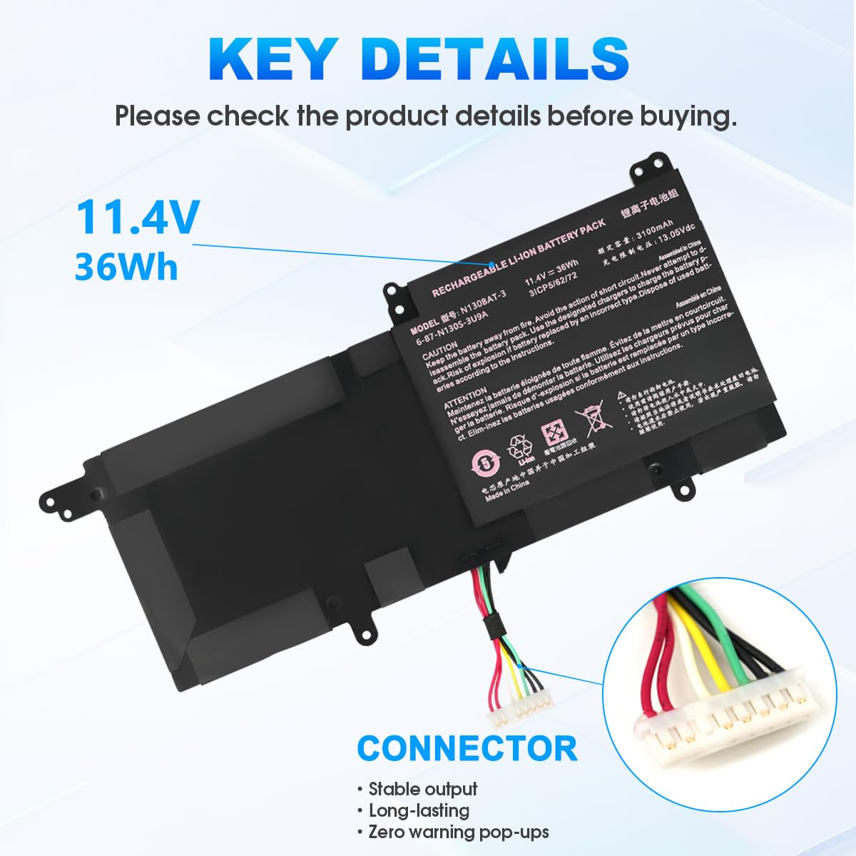 36Wh N130BAT-3 Laptop-Batería para Clevo B1301 N130BU N130WU