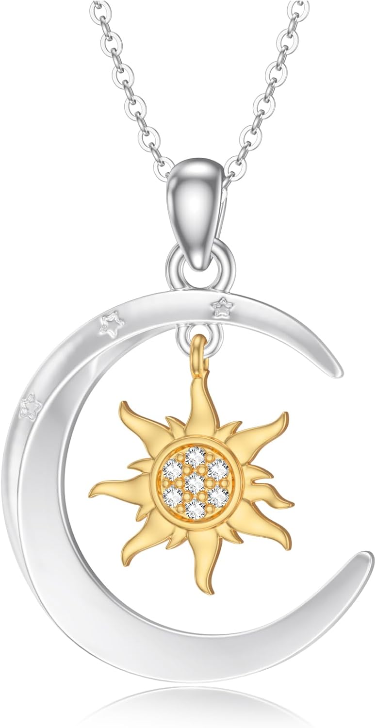 Diamond Sun and Moon Necklaces for Women 925 Sterling Silver Sun Pendant Necklace for Women Wife (0.028 ct t.w)
