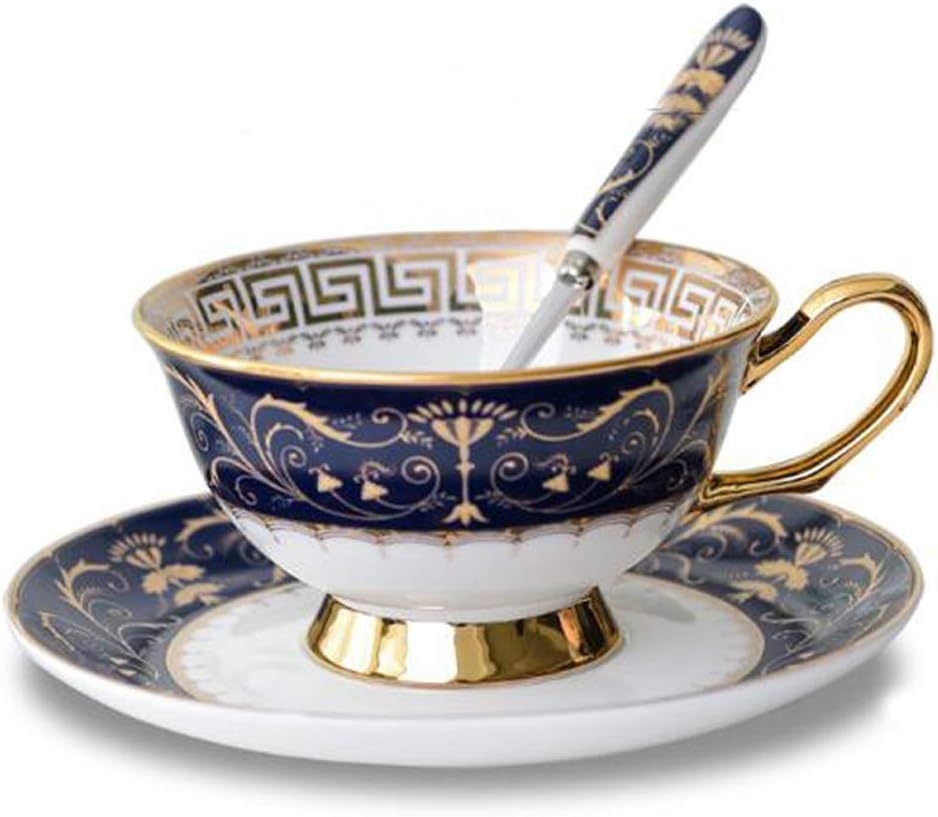 YBK Tech Euro Style Bone China Cup& Saucer Set, Ceramic Tea Coffee Cup for Home Kitchen Wedding (Royal Pattern- Deep Blue)