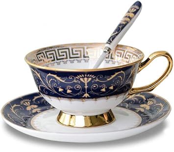 YBK Tech Euro Style Bone China Cup& Saucer Set, Ceramic Tea Coffee Cup for Home Kitchen Wedding Royal Pattern- Deep Blue