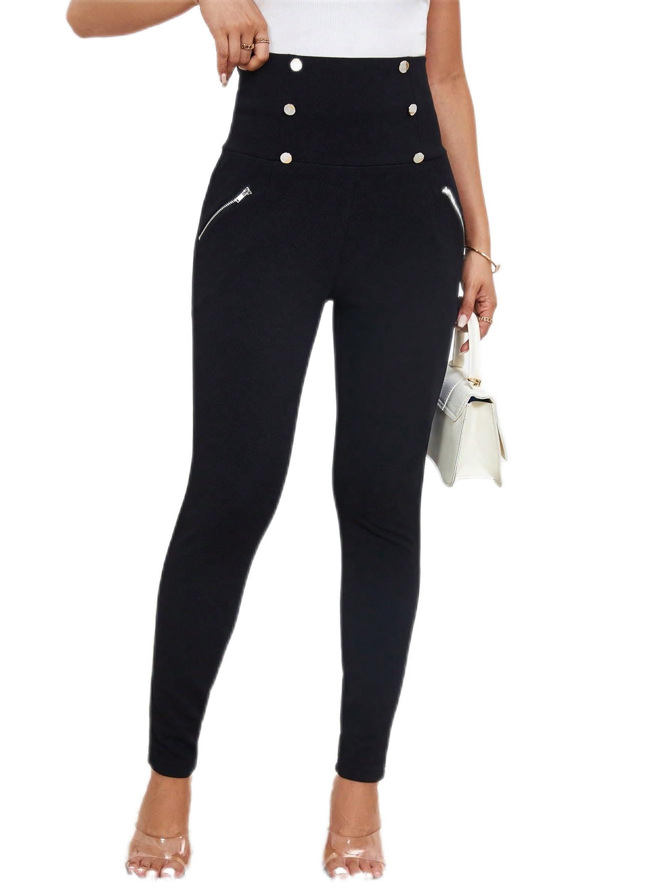 CRYBA Womens Pants High Waist Button Detail Skinny Pants Pant for Women