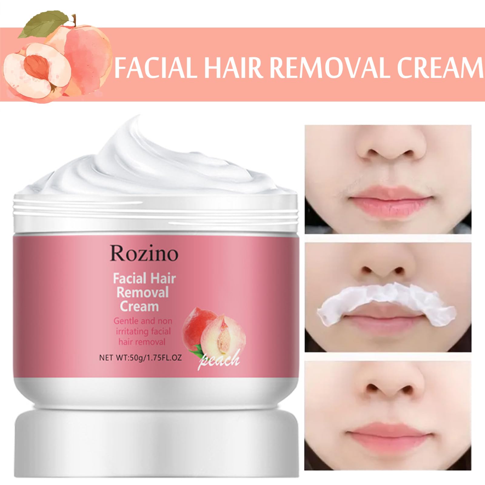 Facial Depilatory Cream, Peach Facial Hair Removal Cream for Upper Lip and Chin for Women, Womens Facial Hair Remover for Sensitive Skin, Gentle and Non-irritating (2PCS)