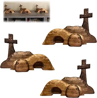 YKLWORLD The Empty Tomb Easter Scene and Cross, Jesus Empty Tomb-Easter Tray Bundle Kit, Wooden Easter Jesus Sign Tiered Tray Decorations, Jesus Nativity Scene Decor for Home Office (3PCS)