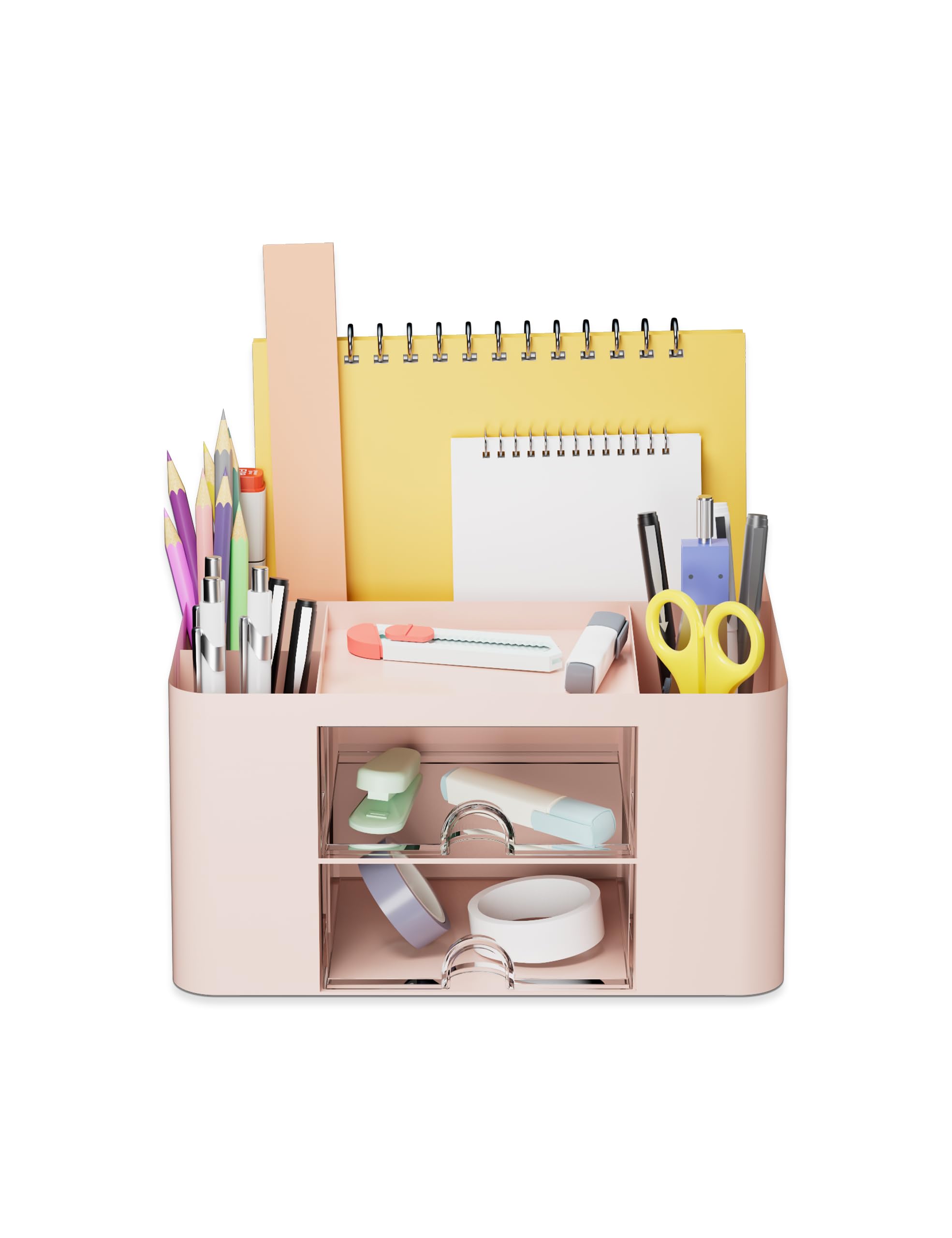 Skran Organizador Escritorio, Multifuncional Organizador con 2 Cajón, Organizador de Escritorio Portabolígrafos de Escritorio con 5 Compartimentos para Hogar/Oficina/Escuela/Baño(Rosa)