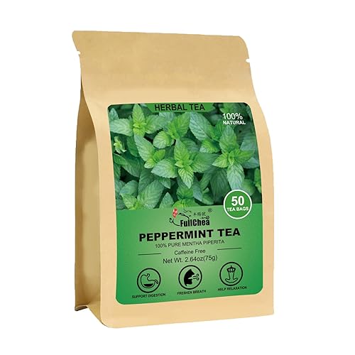 FullChea - Bolsas de té de menta, 50 bolsitas de té - Hojas de menta prémium - Refrescantes y mentoladas - Sin OMG - Sin cafeína - Refresca el