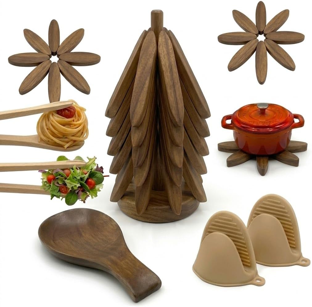 Wooden Tree Trivet Set – 5 Wooden Trivets + 1 Stand for Hot Dishes & Pots – Beige Silicone Mini Mitts, 2 Wooden Tongs & Spoon Rest – Kitchen Hot Pads for Countertops, Cooking & Baking