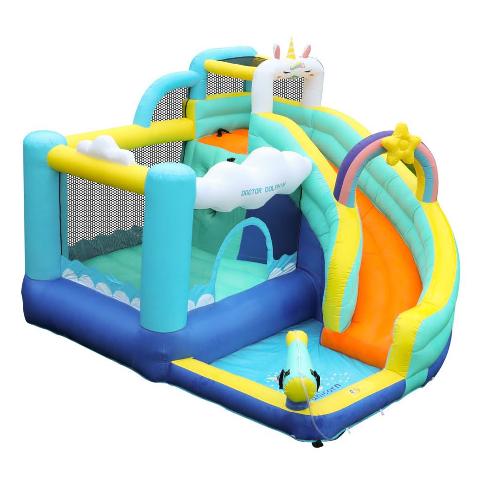 Doctor Dolphin Bounce House, Unicorn Water Slide Bounce House, Water Slides for Kids Backyard, Inflatable Water Park for Kids, Water Bounce House with Slide, Splash Pool, Basketball Hoop