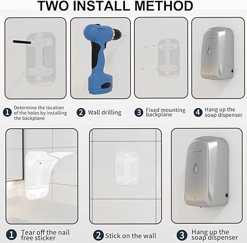 Miniatura 8 de JETWELL Dispensador automático de jabón de manos sin contacto para montaje en pared, funciona con pilas, cubierta de acero inoxidable cepillado,