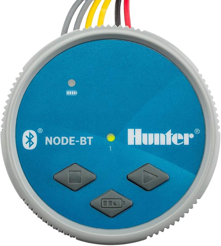 Hunter NODE-BT-100 Temporizador de aspersor a batería, controlador de 1 zona con solenoide | Controlador de riego por batería Bluetooth con solenoide de bloqueo de CC, control por aplicación, para sistemas remotos o por goteo