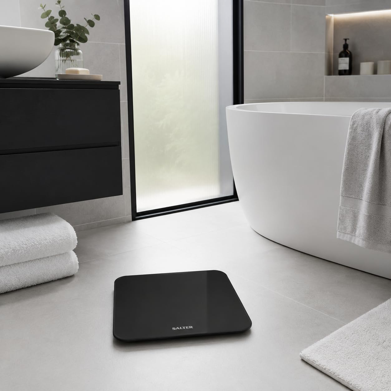 Salter 9204 BK3R Bathroom Scale, Premium Compact Phantom Electronic Digital Scales For Body Weight, 180 KG Max Capacity, Hidden Until Lit Display, Toughened Safety Glass, Carpet Feet, KG or LBS, Black