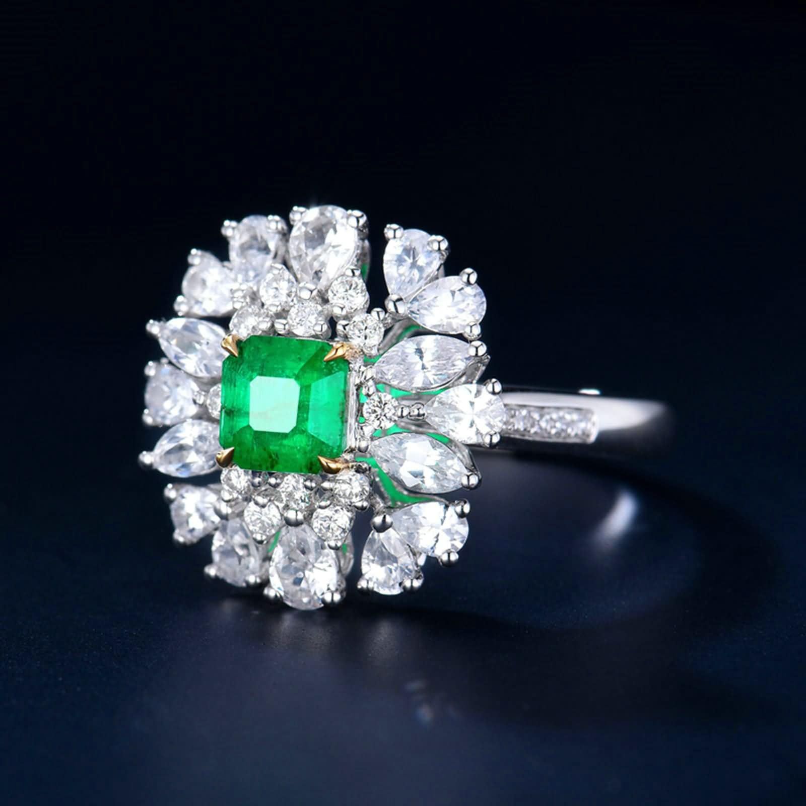 Obrączki ślubne damskie białe złoto 9K / 14K / 18K, kwiat i 4 szczęki kwadratowy szmaragd 0,59ct i diament, srebrny zielony pierścionek zaręczynowy dla kobiet