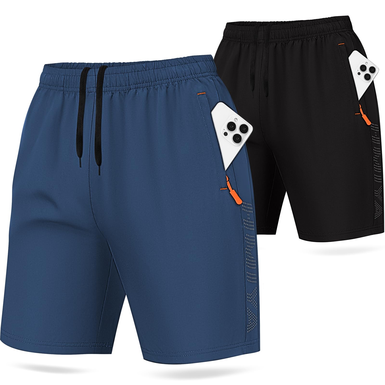 HMIYA 2er Pack Sporthose Herren Kurz Sport Shorts Sommer Laufhose Trainingshose mit Reißverschlusstasch