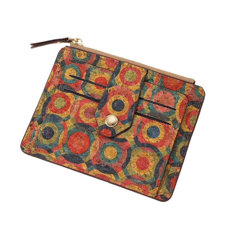 Portuguese Cork Wallet for Men & Women –Ultra-thin and ultra-light zipper coin purse – Natural Waterproof Cork Fabric, 10 Card Slots(4.7 * 3.5 inches) (colorful circles)