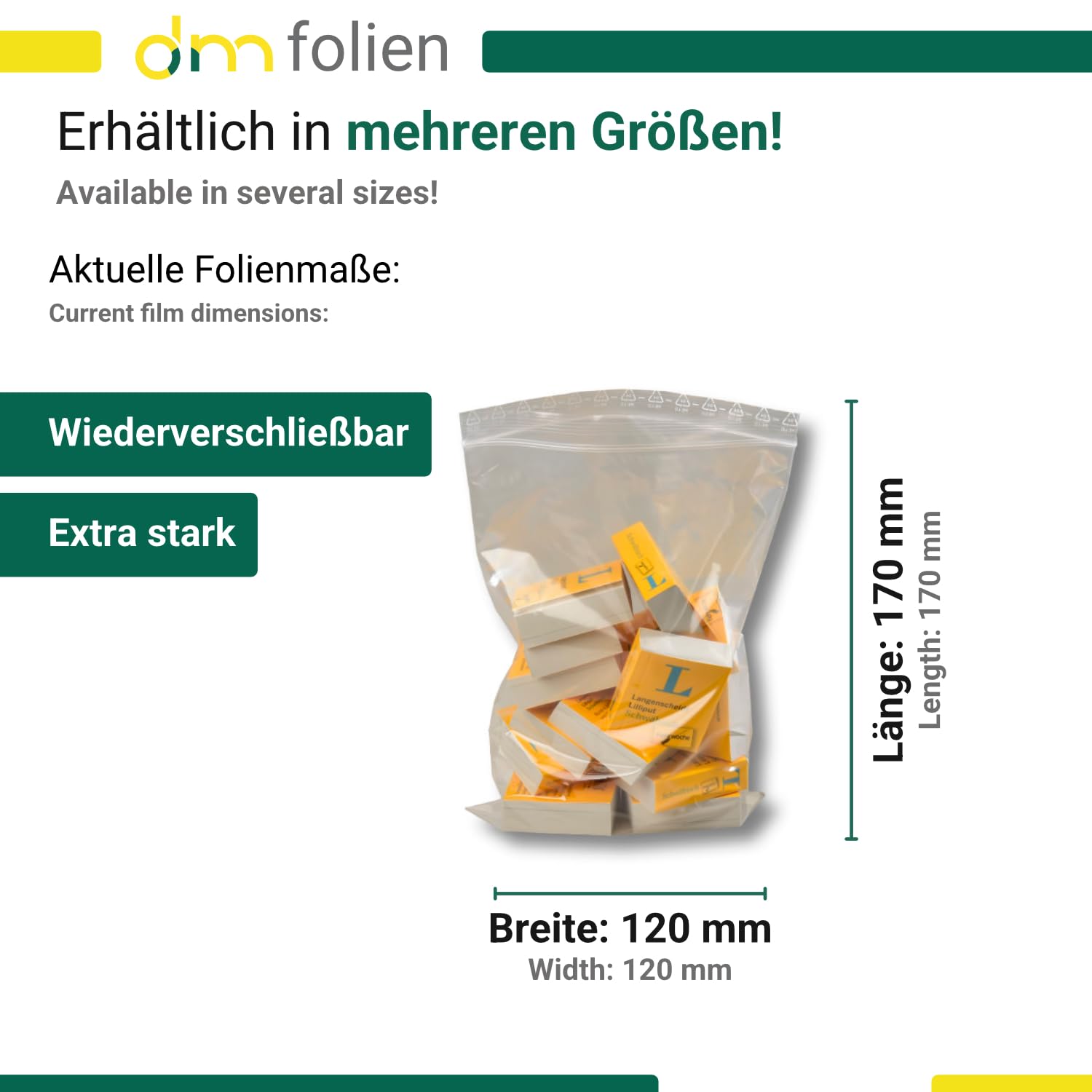 dm-folien Druckverschlussbeutel 1000 Stück I viele Größen I 120 x 170 mm I Extra starke Zip Beutel 90 µ I Wiederverschließbarer Beutel I Transparente Verpackungsbeutel I sicher, reißfest & dicht