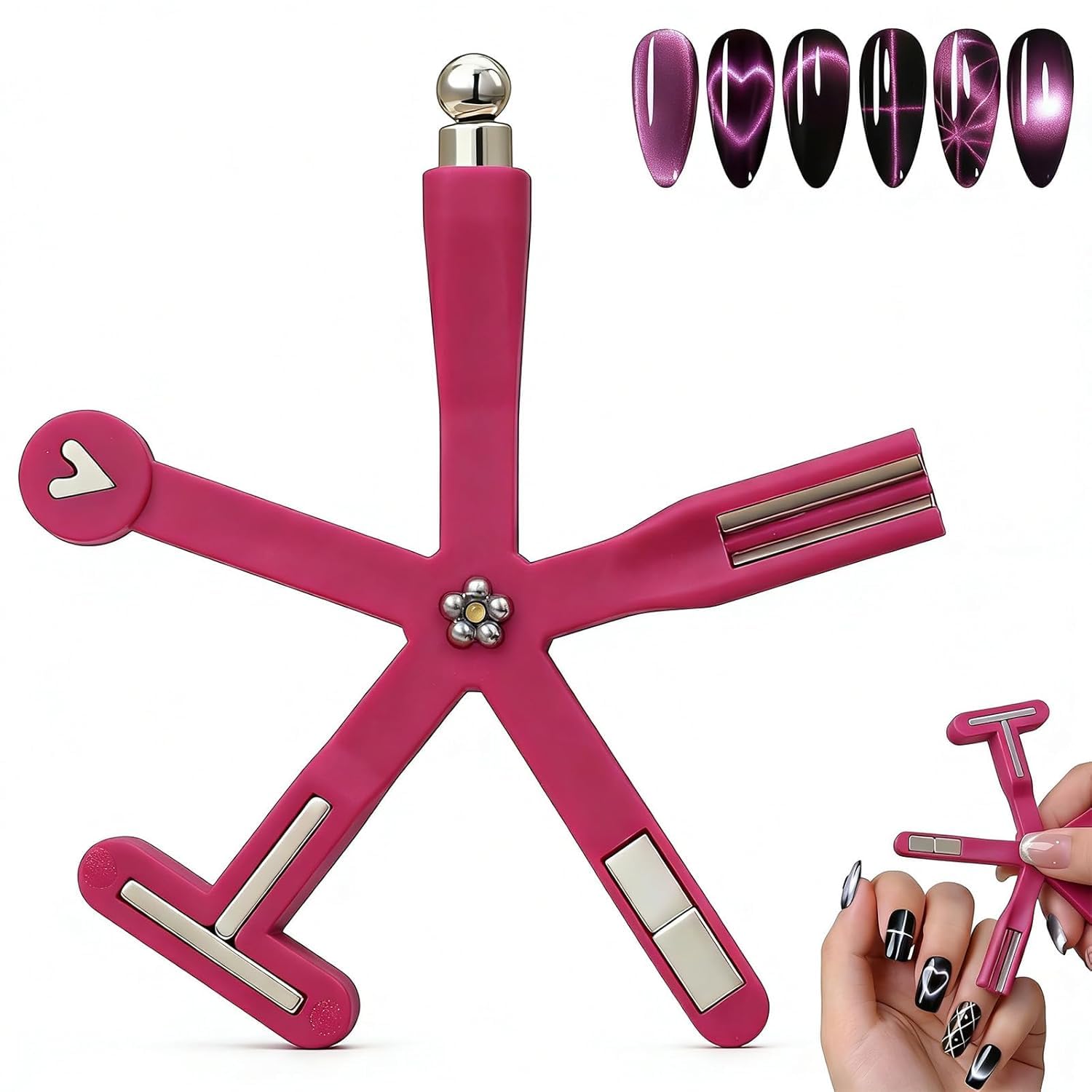 Bluedeal Cat Eye Nail Magnet Tool with Steel Ball, Multifunctional Nail Magnet for Cat Eye Gel Polish, Dual End Nail Art Magnet Tool for Salon and Home DIY Nail Design (8 in 1 Cat Eye / Red)-image-24