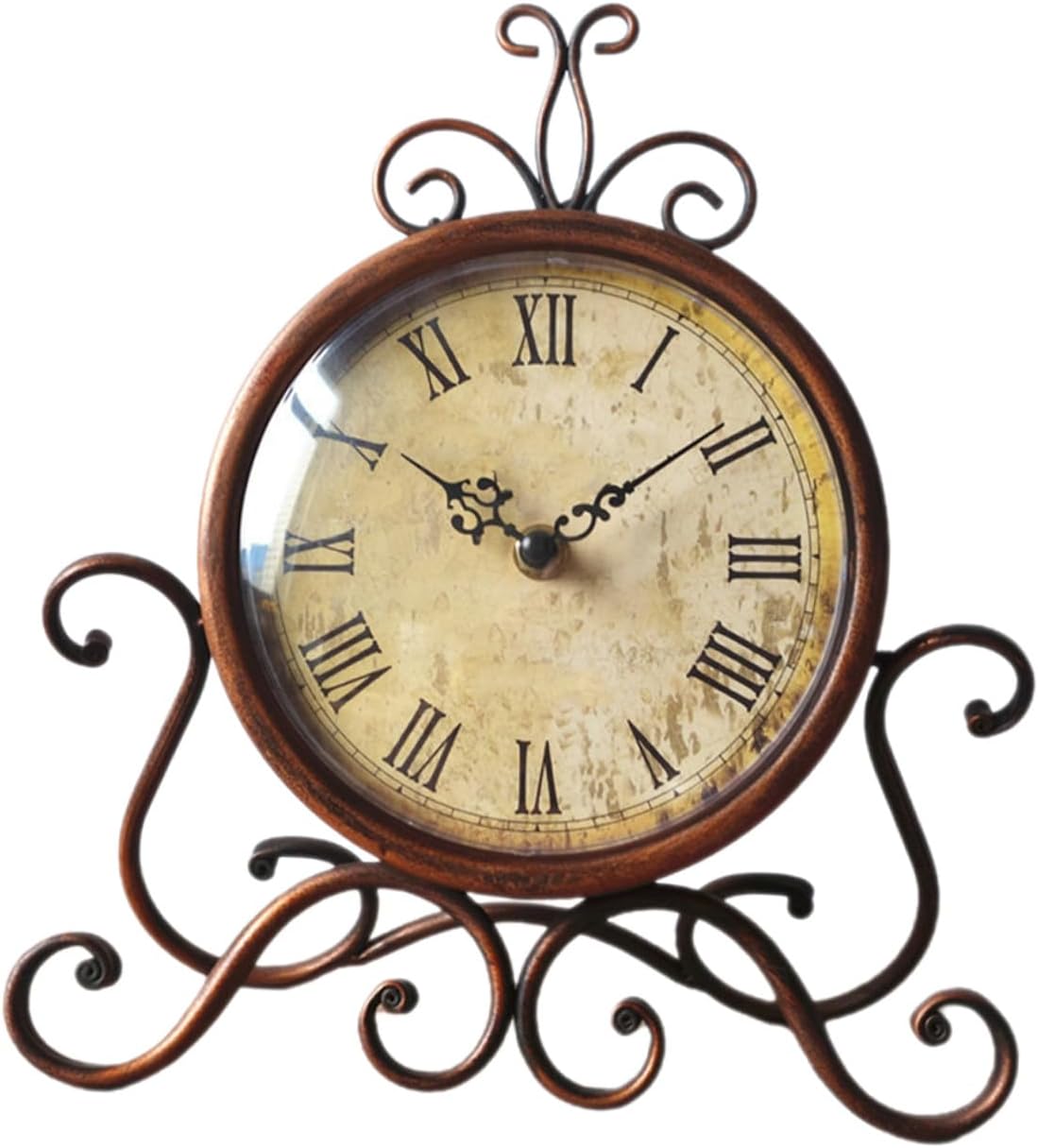 European Style Retro Iron Art Mantel Clock Non-Ticking Classical Desktop Bedside Table Clock Brown Living Room Decoration