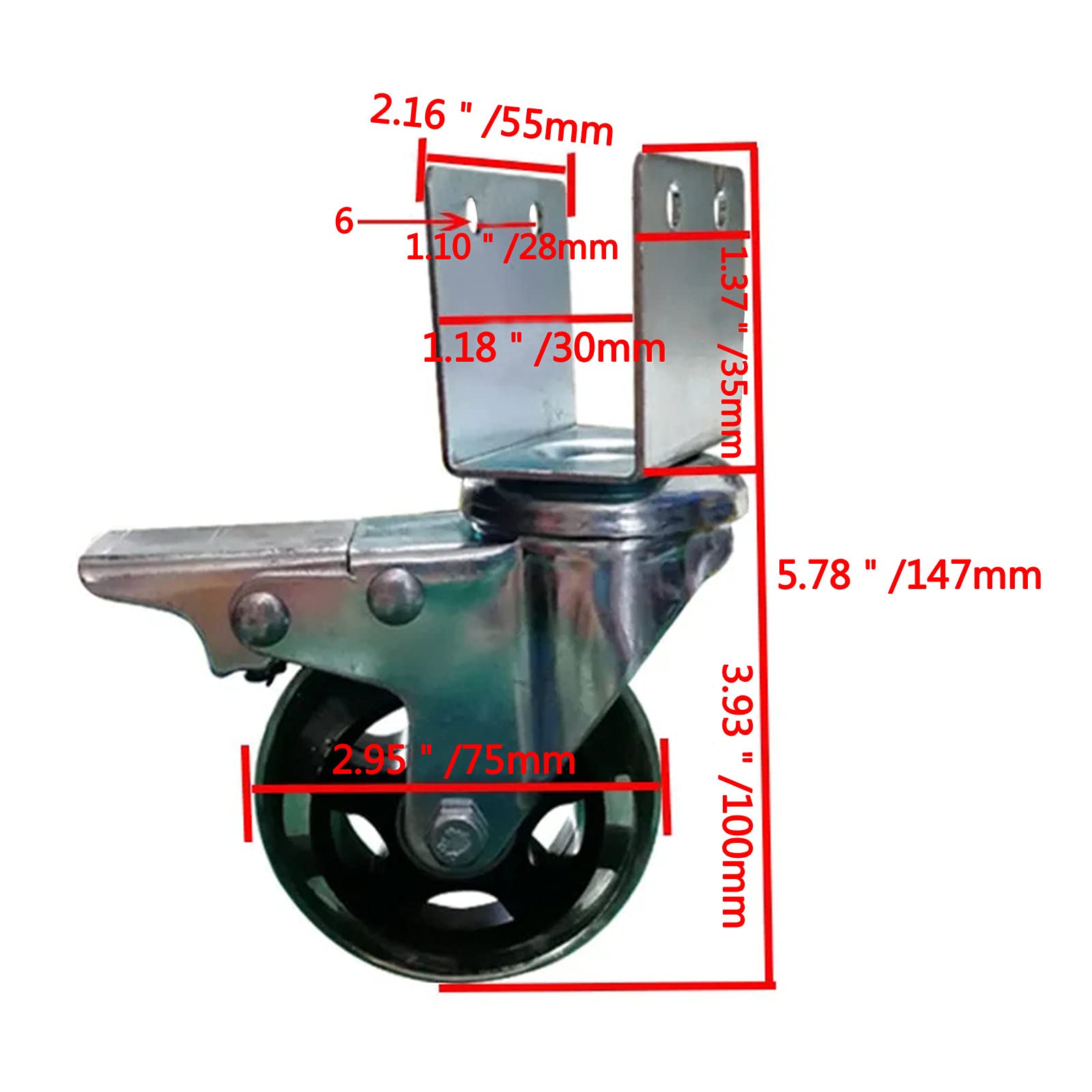 Ruote per mobili, ruote girevoli in PU da 3 pollici da 75 mm con freno, ruote mute a doppio cuscinetto a forma di U per gambe di sedie, portafiori, culle, carrello, tavolo - 2 pezzi