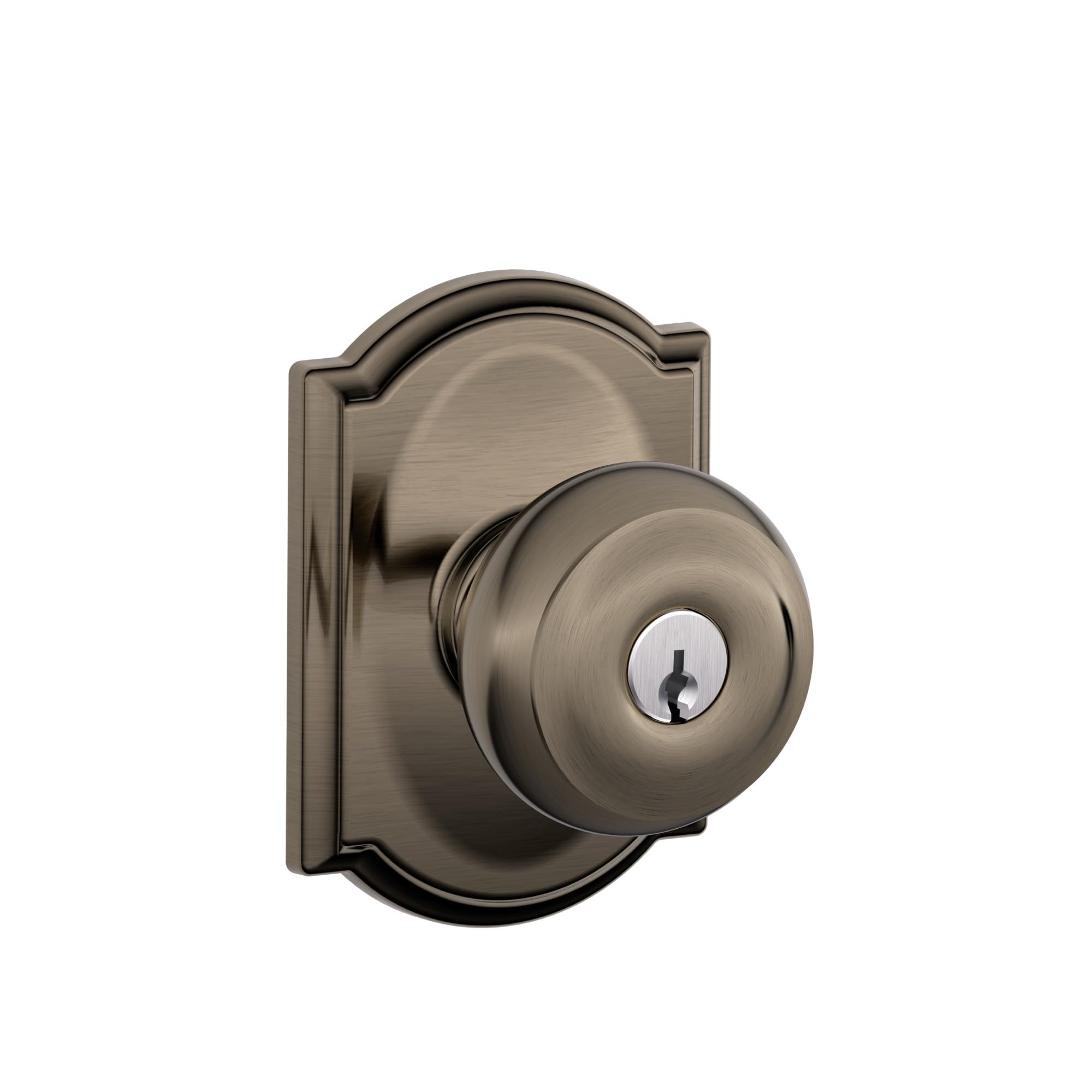 SCHLAGE F51A GEO 620 CAM Georgian Knob with Camelot Trim Keyed Entry Lock, Antique Pewter