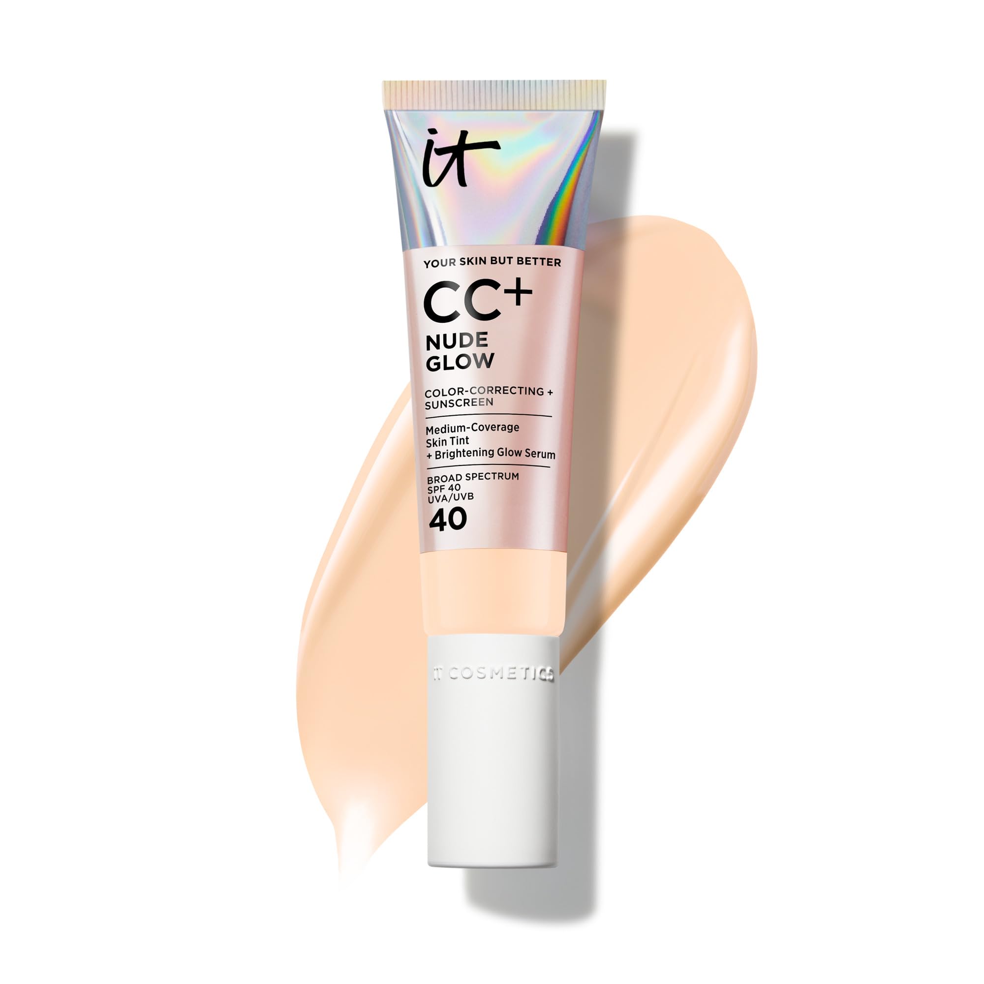 IT Cosmetics CC+ Nude Glow - Medium Coverage Foundation with SPF 40 & Brightening Glow Serum, Lightweight Skin Tint, 2% Niacinamide + Hyaluronic Acid, Up to 24H Hydration, Normal/Dry Skin - 1.08 fl oz