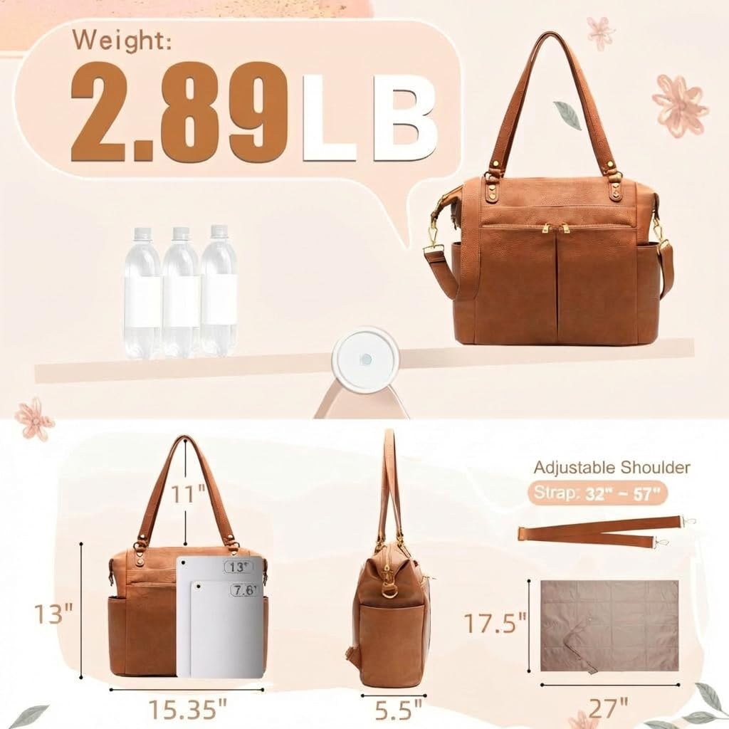 MOMINSIDE Diaper Bag Tote, 4 in 1 Leather Diaper Bag Backpack with 13 Pockets, Convertible Baby Bag for Boys Girls,Diaper Bags Baby Registry, Changing Pad, 4 Large Insulated Pockets(Brown)