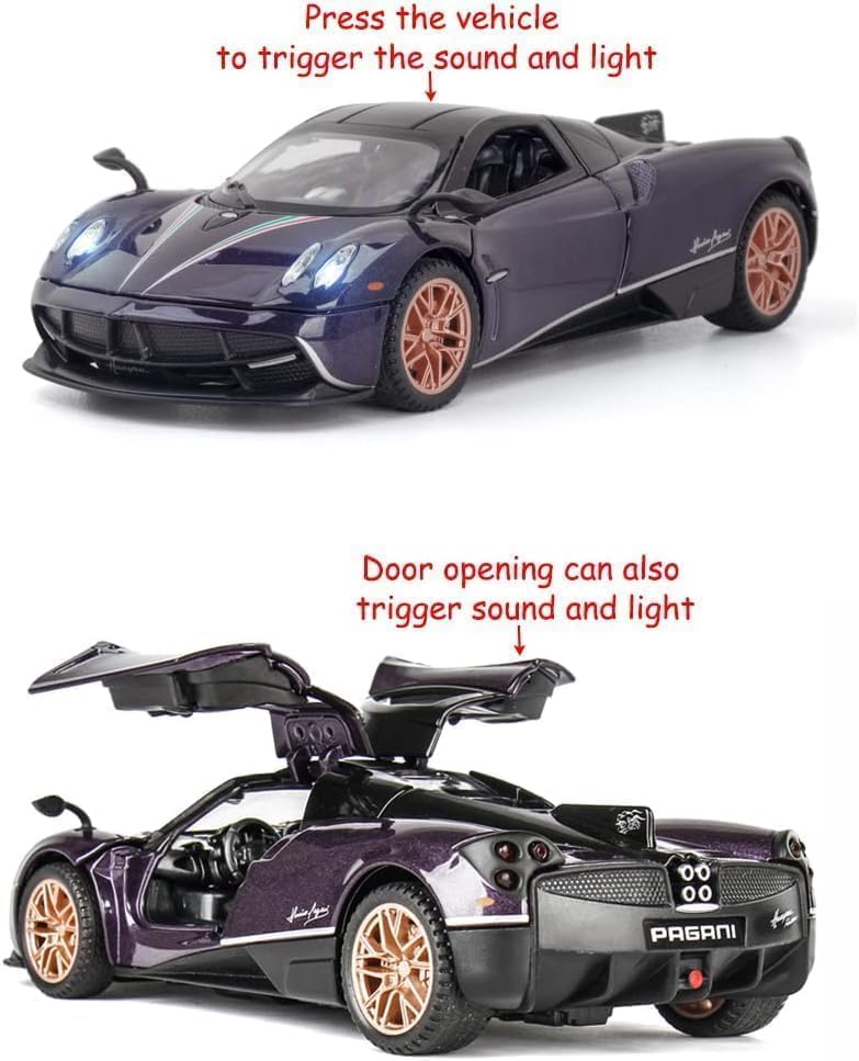 Image of Exclusive Alloy Metal Pull Back Die-Cast Car 1:24 Big Pagani Huayra Toy Car Diecast Metal Pullback Toy Car With Openable 6 Doors, Light Music Boys Gifts Toys(Design-72), Purple