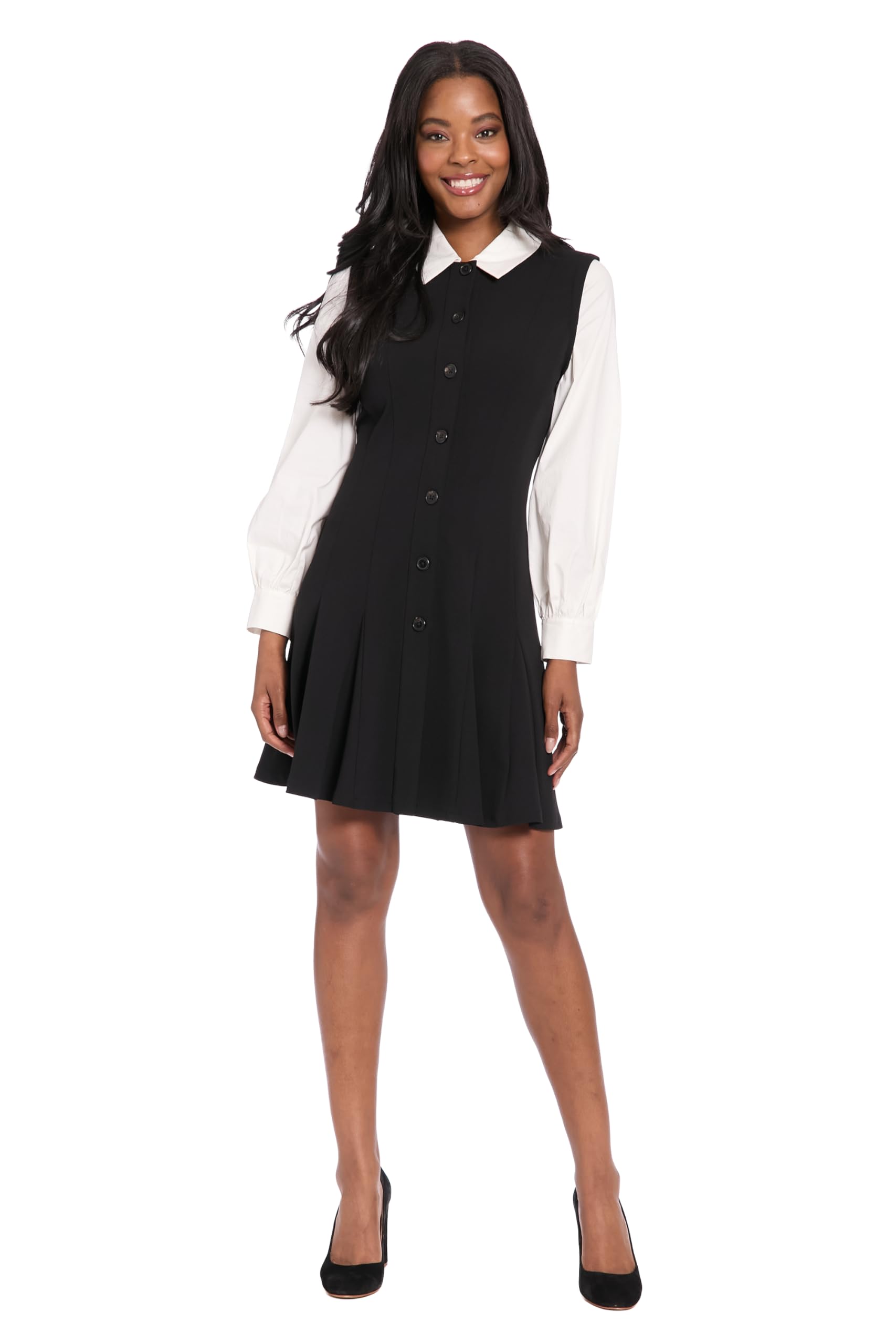 London Times - Button Front Collared Fit Flare Dress - Long Sleeve Work Dresses for Professional Office -