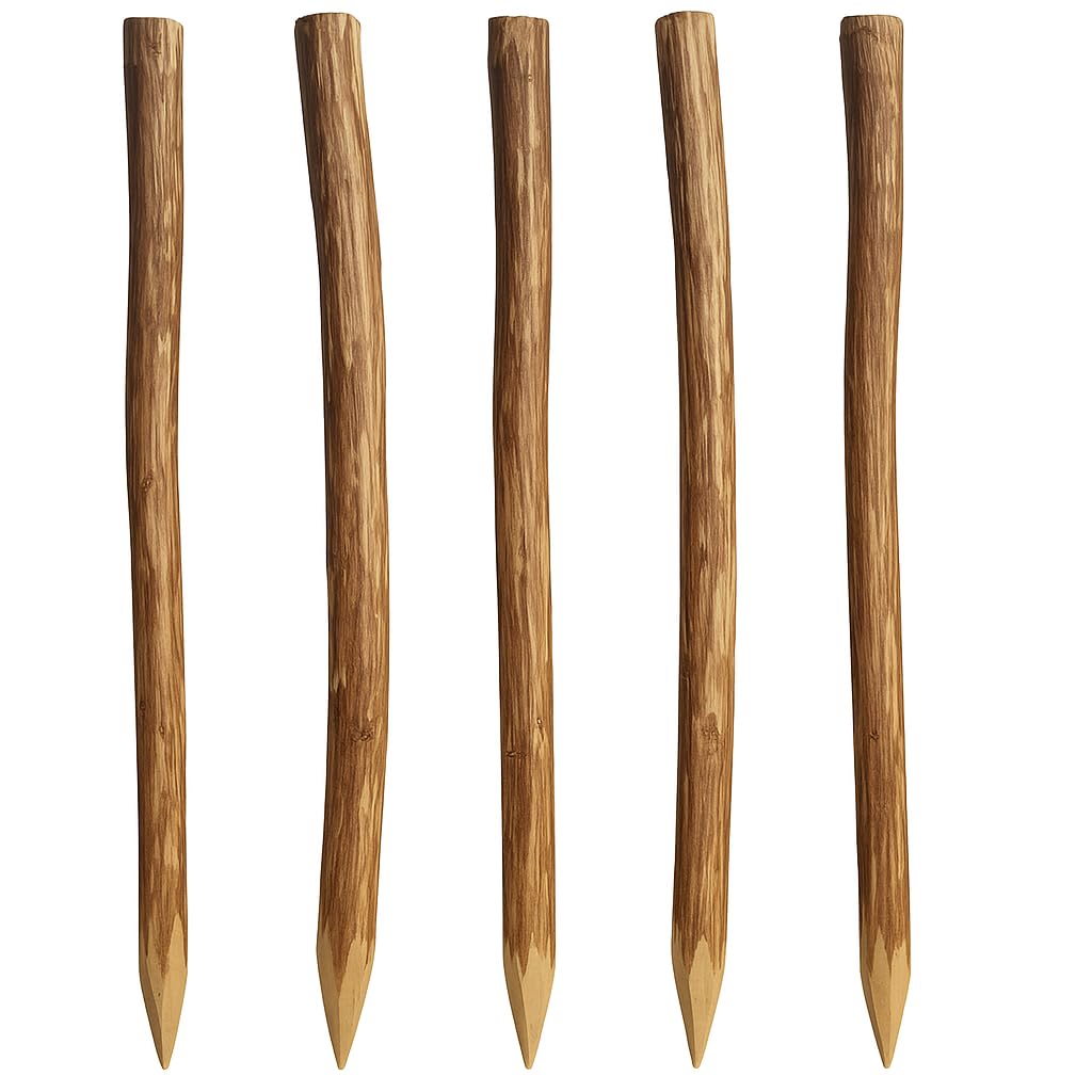 Natursache Haselnuss Holzpfosten Set, 5-teilig, Angespitzte Rundpfähle für Staketenzaun, Bauernzaun, Gartenzaun (5 Stk., 150 cm)