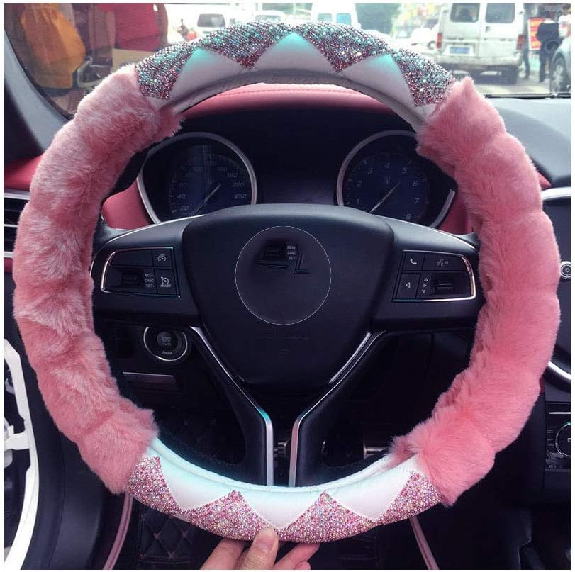 Universal Fit Steering Wheel Lovely Bling Bling Multicolor Diamond Plush Soft and PU Leather car Steering Wheel Cover (White+Pink) …