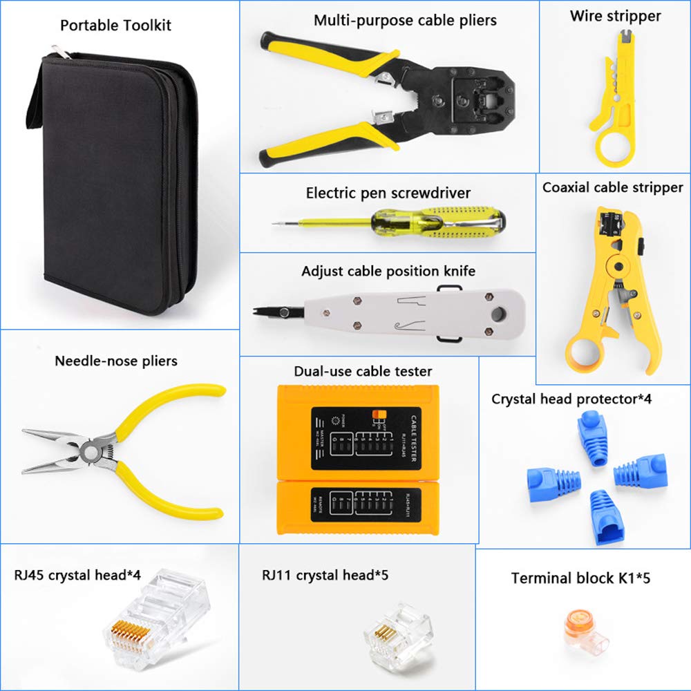 Handskit, kit di pinze per crimpatura e crimpatura di rete RJ45 RJ11 RJ12 con tester per cavi
