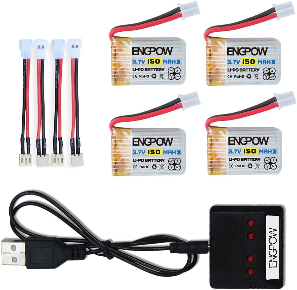 3.7v 150mah Lipo Battery with X4 Battery Charger for GoolRC T36 Eachine E010 JJRC H36 Realacc H36 Furibee F36 NIHUI NH010 Mini RC Drone(4PCS)