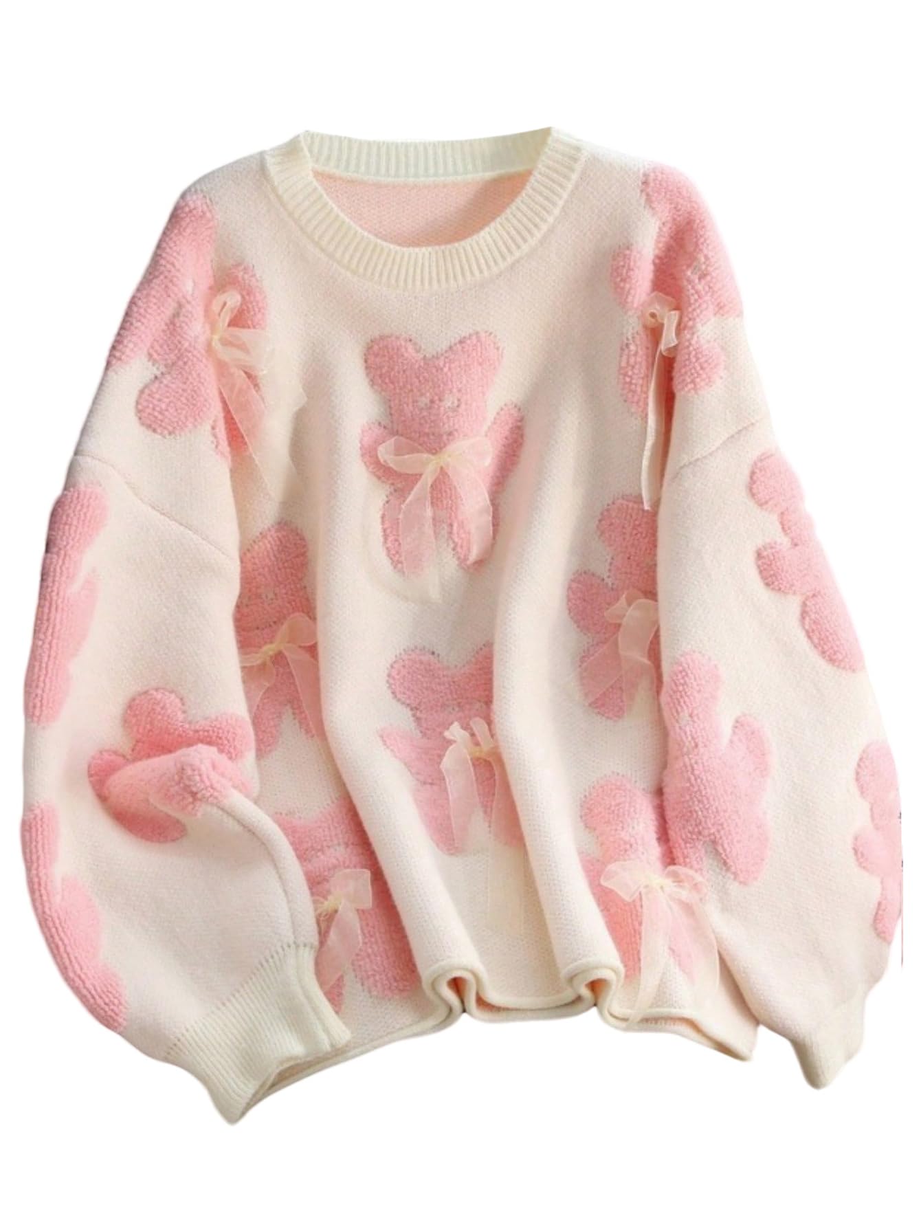 Floerns Womens Bear Long Sleeve Fall Sweater Crew Neck Bowknot Knit Pullover Tops
