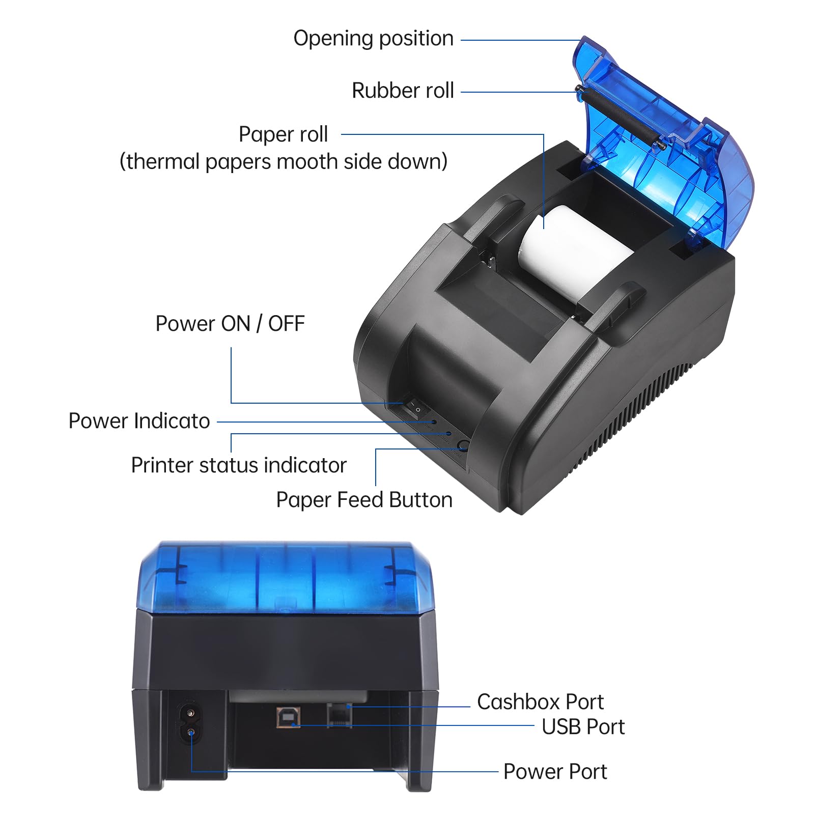 Bisofice Stampante Termica 58 mm per Scontrini, Stampante Termica Bluetooth & USB, Compatibile con Android/Windows, Supporto ESC/POS, per Vendita al Dettaglio