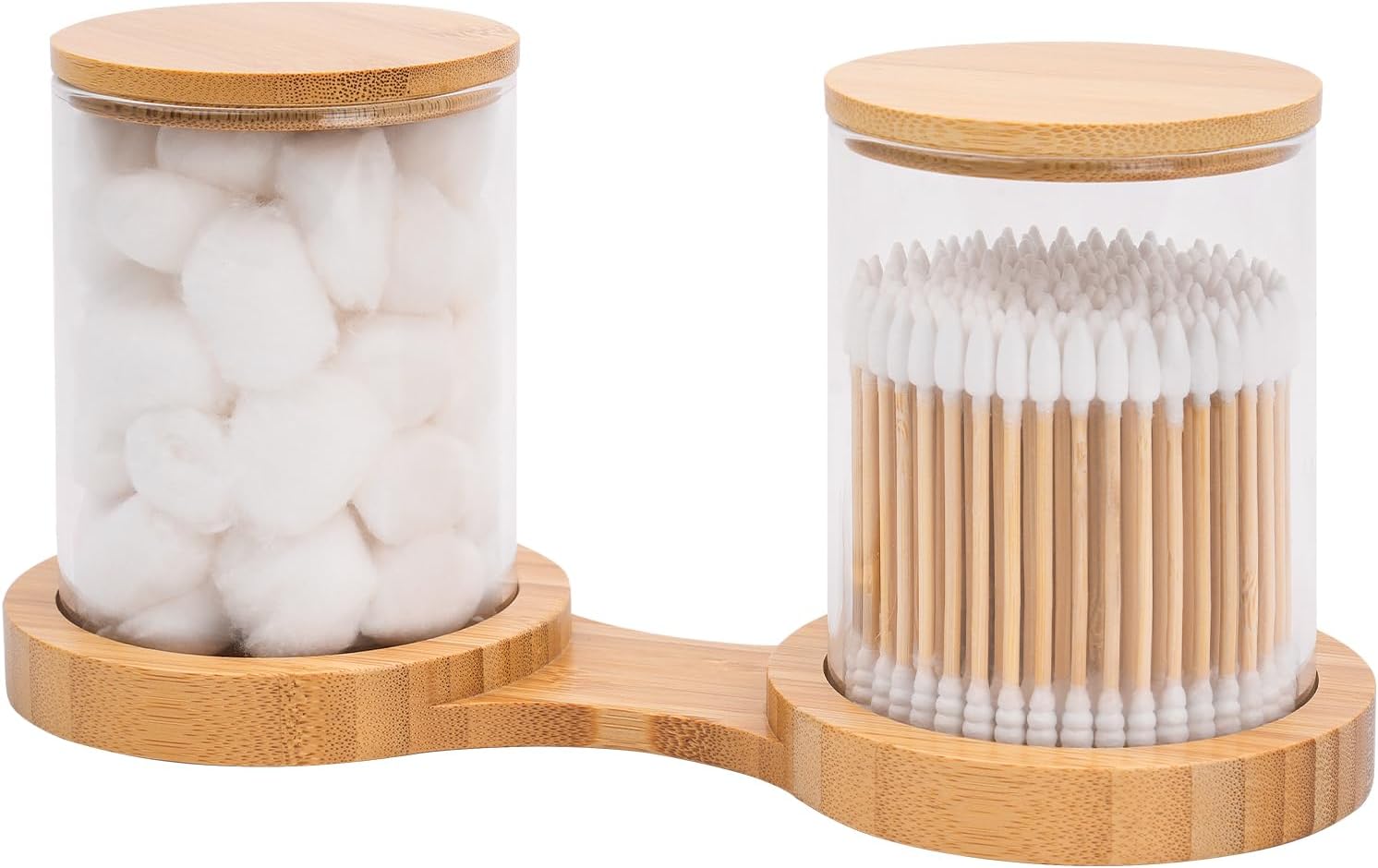 FTOYIN Glass Qtip Holder with Bamboo Tray, Apothecary Jars