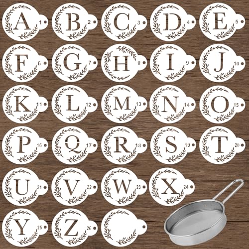 27pcs Letter Stencil for Cakes with Flour Sifter, Cookie Decorating Template Reusable Alphabet Stencils Sourdough Bread Baking Tools Gifts for Sourdough Bakers