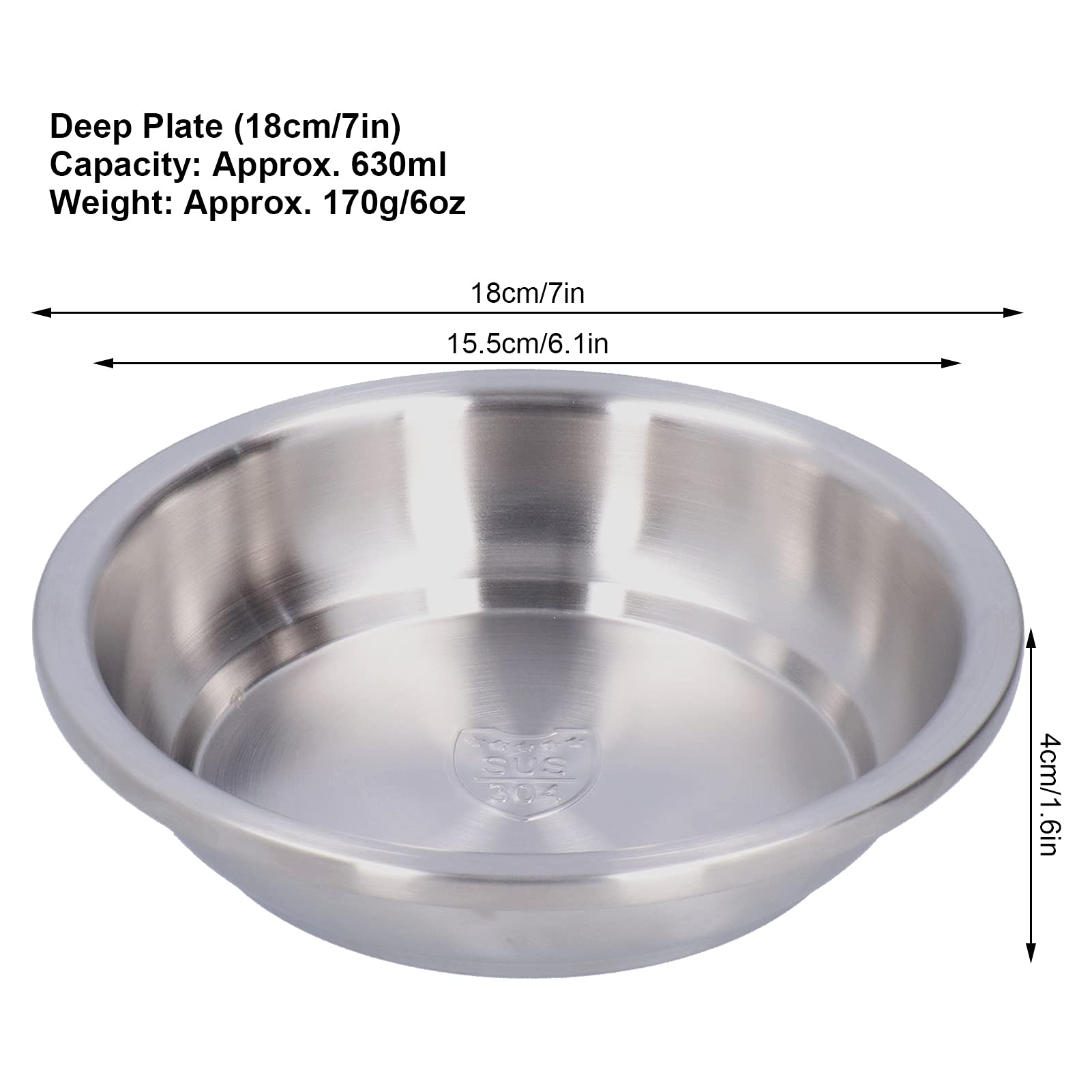 Nikou Piatti Fondi in Acciaio Inox, Piatto Rotondo Ciotole Profonde per Minestra Soup Plate Ciotola per Mescolare, Piastra Profondo per Minestra, Insalata, Frutta, Cibo da Campeggio (18 cm)