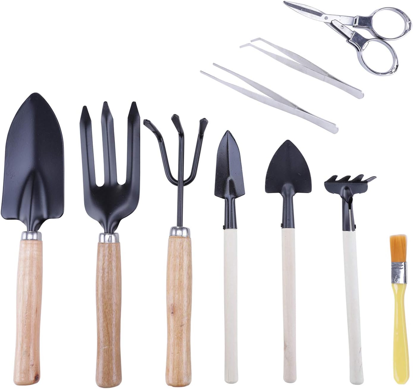 DesignerBox 10 Pcs Gardening Bonsai Tools Set Succulent Garden Hand Tool Kit with Shovels, Rakes, Fork, Tweezers, Bud & Leaf Scissor, Cleaning Brush