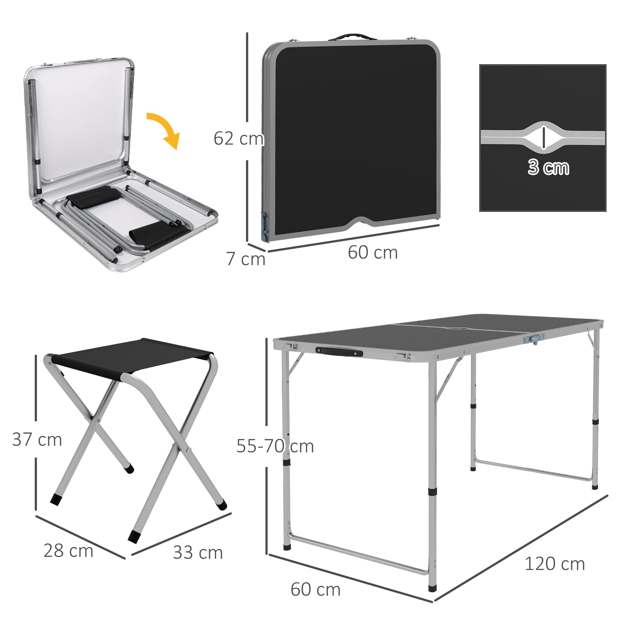 Outsunny 5-Piece Camping Set Tavolo da campeggio pieghevole con sedie Include 1 tavolo regolabile in altezza con foro per ombrellone 120x60x55-70 cm e 4 sgabelli pieghevoli Nero