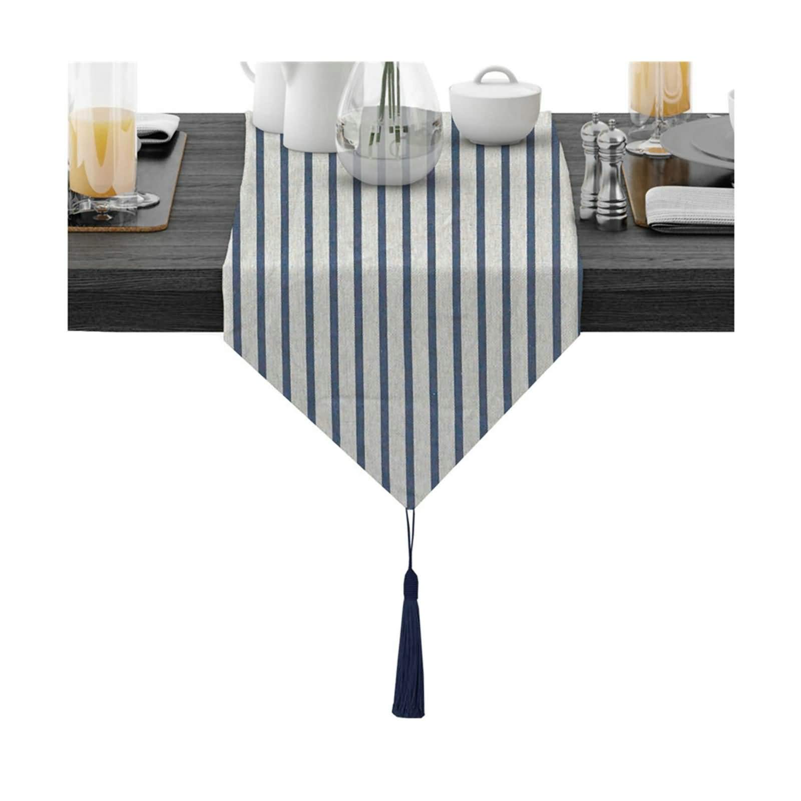 Aeici Camino de mesa rectangular de algodón, diseño de rayas, 30 x 150 cm, camino de mesa, decoración para fiestas, color azul y blanco