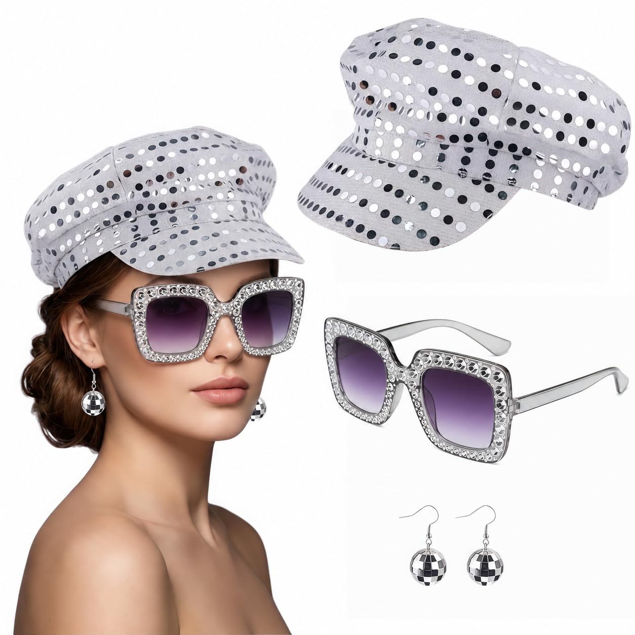 3Pcs 70s Disco Set Sequin Hat Sunglasses Earrings Abba Fancy Dress Women