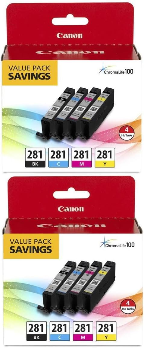 Canon 2 Pack CLI-281 BKCMY Combo 4-Pack of Black, Cyan, Magenta, and Yellow Ink Tanks for Pixma Inkjet Printers