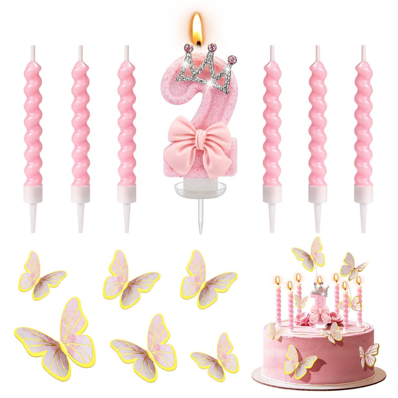 Number 2 Crown Candles with 6 Pcs Pink Spiral Candles for Cake Decorations