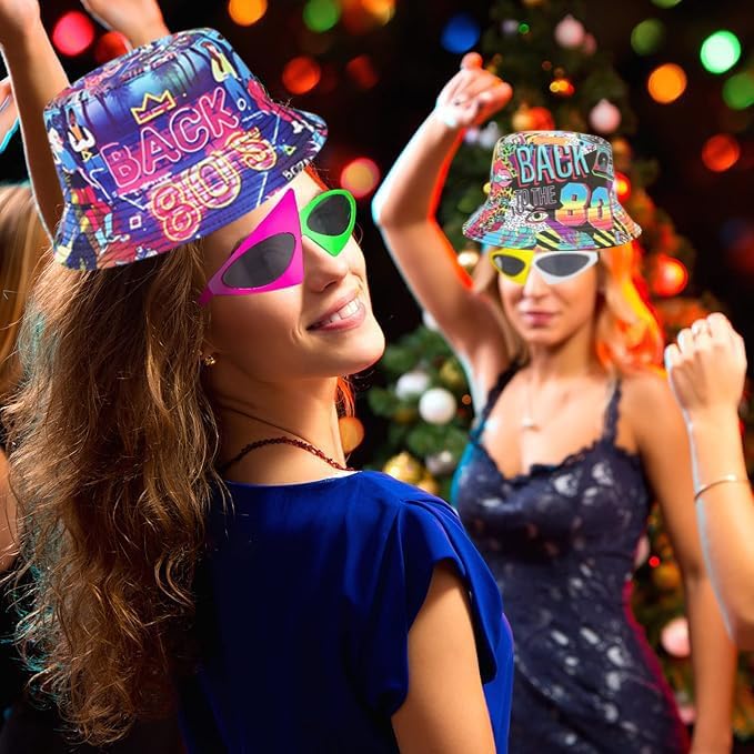 12 Pack Retro 80's 90's Party Bucket Hats With Neon Party Sunglasses, Funny 1980's 1990's Theme Party Hats Set, Retro Photo Booth Props Kit for Hip Hop Parties, Birthday, Wedding, Graduation, Outdoor - Image 6
