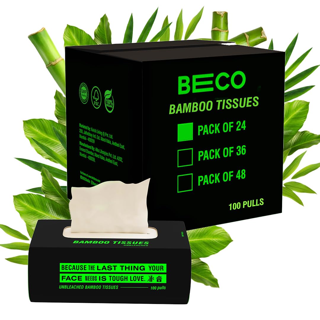Beco Bamboo Super Soft 2-ply Car Tissue Box| Facial Tissue-100 pulls x 24 Packs (2400 Pulls) | 100% Natural & Ecofriendly