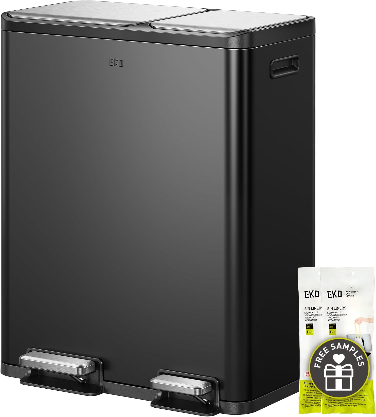 EKO EcoCasa 8+5 Gal (30+20L) Dual Trash Can for Kitchen, Large Stainless Steel Step-On Garbage Can, Trash and Recycle Bin Combo with Soft-Close Lids, Removable Color-Coded Inner Buckets, Matte Black
