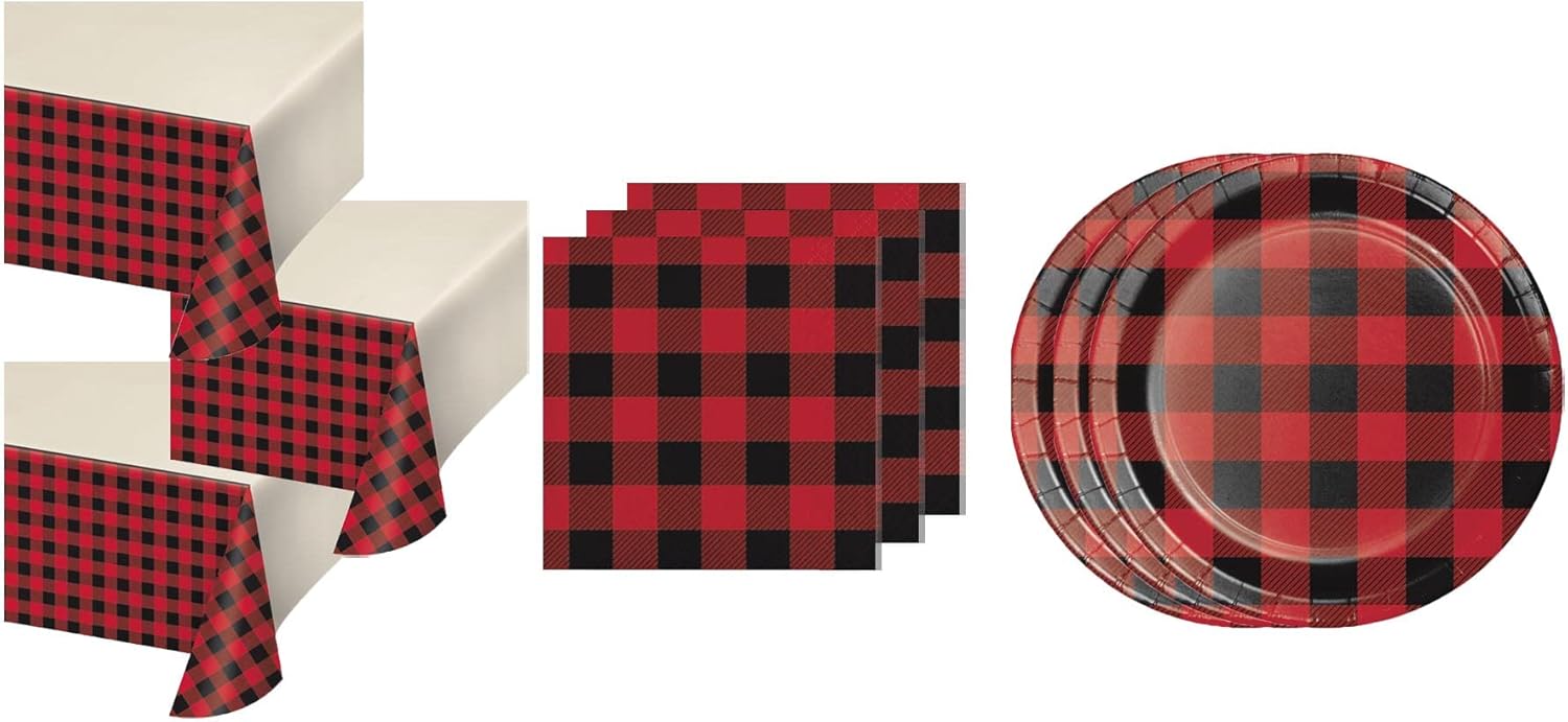 Baxters Party Bundle Buffalo Plaid Red Plastic Tablecover 54 Inch x 102 Inch, Pack of 12