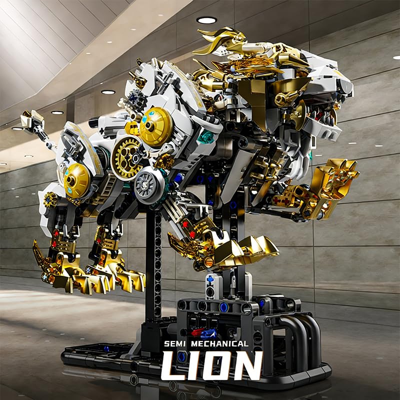 Image of SKY LINE OCEAN Mechanical Lion Building Block Set - Futuristic Golden Robotic Beast Model with Movable Gears & Display Stand, STEM Construction Kit Collectible Gift for Teens & Adults for Ages 14+