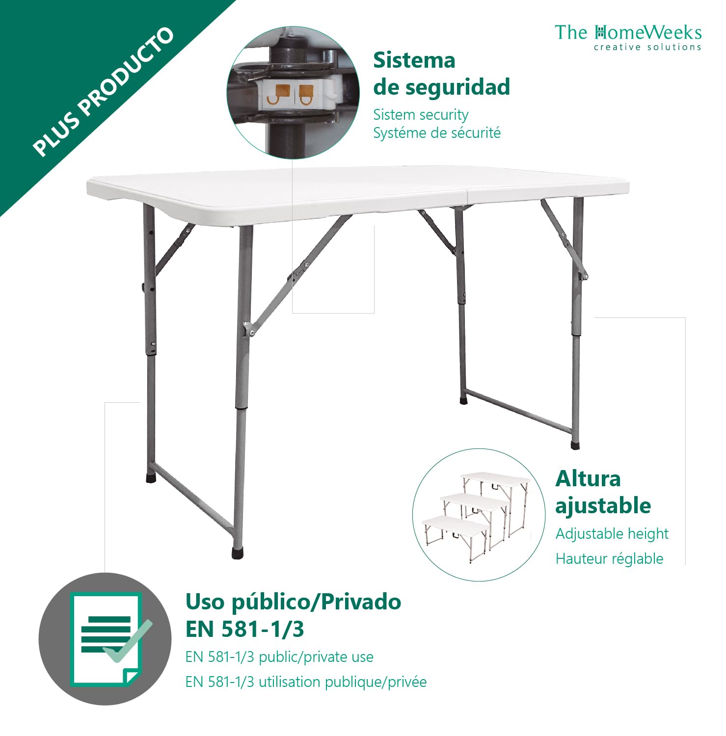 The Homeweeks Tavolo pieghevole solido 120 x 60 x 48/61/74 cm Altezza regolabile e portatile Normativa Uso pubblico per interni/esterni (EN 581-1/3). Pannello in resina HDPE 3,5 cm Capacità 4 persone